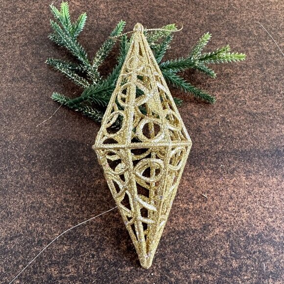 Gold Glitter Plastic Christmas Ornament 5.5" With Geometric Design - Picture 1 of 7